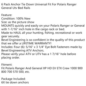 6 Pack Anchor Tie Down Universal Fit For Polaris Ranger General Utv Bed Rails