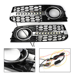 2X Honeycomb Mesh Grille Flowing LED Fog Light Turn Signal For AUDI A4 B8 09-11 Black