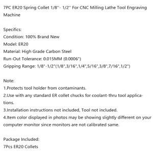 7Pcs ER20 Spring Collet Set For CNC Milling Lathe Tool Engraving Machine Steel