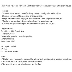 Solar Panel Powered Fan Mini Ventilator For Greenhouse Pet/Dog Chicken House