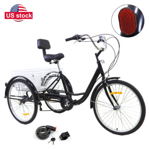 7-Speed 24" Adult 3-Wheel Tricycle Cruise Bike Bicycle With Basket Black