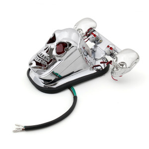 Skull Tail Light Rear Indicators Turn Signals License Tag Bracket Set Harley Davidson, Chrome, Blue LED Indicators
