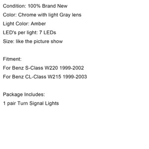 Pair Side Mirror LED Turn Signal Light For Benz S W220 CL W215 1999-2003 Gray