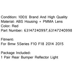 Rear Bumper Reflectors Fog Light Lamp Pair For Bmw 5Series F10 F18 2014 2015