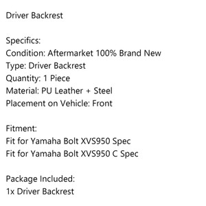 Black Motorcycle Driver Rider Backrest For Yamaha Bolt XVS950 Spec/C Spec