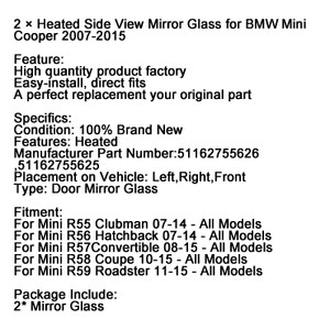 2 ¡Á Heated Side View Mirror Glass for BMW Mini Cooper 2007-2015