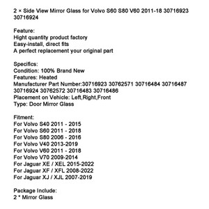 2 ?¨¢ Side View Mirror Glass for Volvo S60 S80 V60 2011-18 30716923 30716924