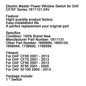 Electric Master Power Window Switch for DAF CF/XF Series 1811131 24V