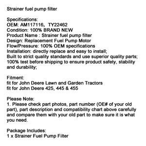 AM117116 Strainer fuel pump filter TY22462 For John Deere Lawn 425 445 455