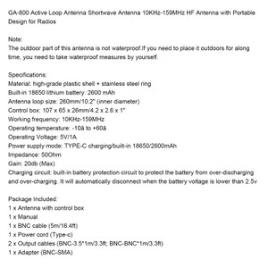 GA-800 Active Loop Antenna Shortwave Antenna 10KHz-159MHz HF Portable for Radios