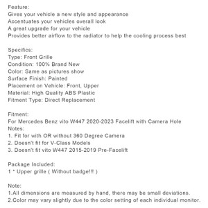 2020-2023 Mercedes Benz vito W447 Facelift with Camera Hole Upper grille Without badge Generic