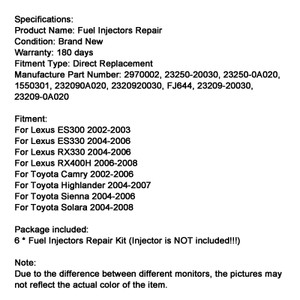 2002-2008 Toyota Camry  Highlander Sienna Solara Fuel Injector Repair Seal Kit 23250-20030 Generic