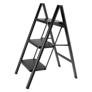 Stepladder, 3 Tiers,  Foldable, Aluminum, Wide, Lightweight, Compact, Ladder, Load Capacity 330.7 lbs (150 kg), Includes Tray, Car Wash, Indoor, Moving, Large Cleaning Black
