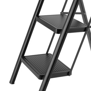Stepladder, 3 Tiers,  Foldable, Aluminum, Wide, Lightweight, Compact, Ladder, Load Capacity 330.7 lbs (150 kg), Includes Tray, Car Wash, Indoor, Moving, Large Cleaning Black