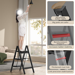 Stepladder, 3 Tiers,  Foldable, Aluminum, Wide, Lightweight, Compact, Ladder, Load Capacity 330.7 lbs (150 kg), Includes Tray, Car Wash, Indoor, Moving, Large Cleaning Black