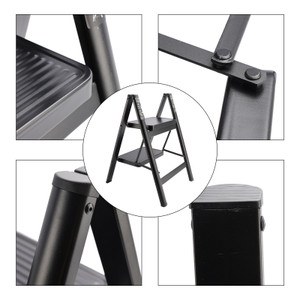 Stepladder, 2 Tiers,  Foldable, Aluminum, Wide, Lightweight, Compact, Ladder, Load Capacity 330.7 lbs (150 kg), Includes Tray, Car Wash, Indoor, Moving, Large Cleaning Black