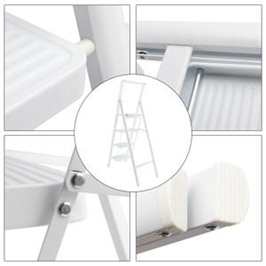 4 Step Ladder, Foldable Step Stools for Adults with Wide Anti-Slip Pedal, 330.7 lbs (150 kg)，Lightweight Sturdy Steel Ladder,Convenient Handgrip,Portable Folding Ladder for Home Kitchen Office,With handrail，White