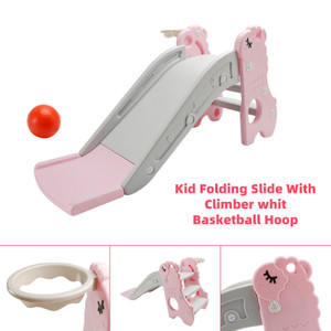  3In1 Kid Folding Slide With Climber,Basketball Hoop,Freestanding Slide Toy Pink