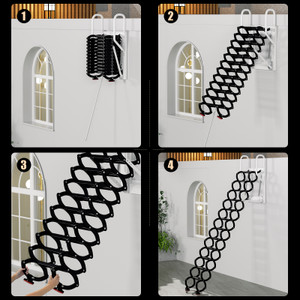 Wall Mounted Folding Ladder Black Loft Attic Stairs Pull down 12 Steps 27.6"*23.6" Generic 
