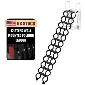 Wall Mounted Folding Ladder Black Loft Attic Stairs Pull down 12 Steps 27.6"*23.6" Generic 