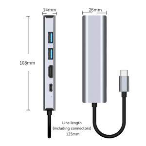 5 in 1 TYPE-C to USB3.0*1+USB2.0*1+PD100W/USB-C Data+HDMI+100M Network Card PC