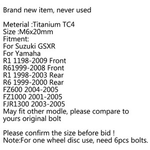 1PC M6 x 20mm Disc Brake Rotor Bolts For Suzuki GSXR, Yamaha R1 R6 FZ600 FZ1000 FJR1300, Titanium Generic