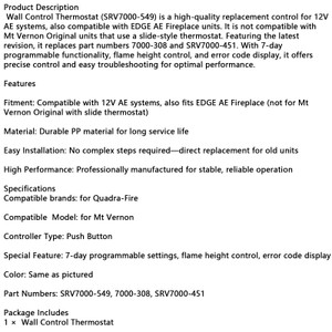 SRV7000-549 Wall Control Thermostat Compatible with QuadraFire MT Vernon AE