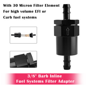 Black Inline EFI Fuel Systems Filter Adapter 3/8" Barb With 30 Micron Filter Element