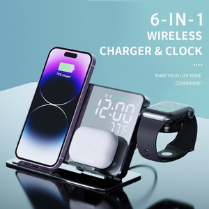 6-in-1 Wireless Charging Station Charger Clock LED Digital Display Alarm Clock