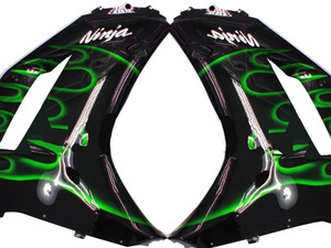 Fairings Kawasaki ZX6R ZX636 Black & Green Flame Ninja Racing  (2007-2008)