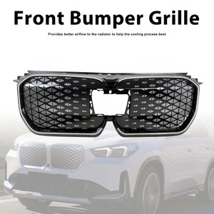 Black Front Bumper Grill Grille Fit BMW iX1 U11 2023-2025 W/LED Light