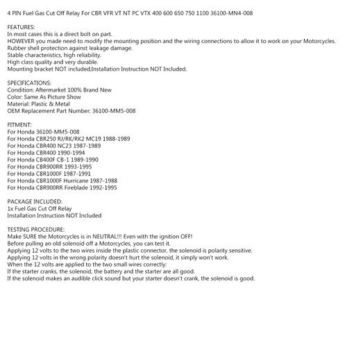 Fuel Cut Off Relay For Honda 36100-MM5-008 CBR250 88-89 CBR400 NC23 87-89 CB400F 89-90 CBR900RR 93-95 CBR1000F 87-88 CBR900RR 92-95