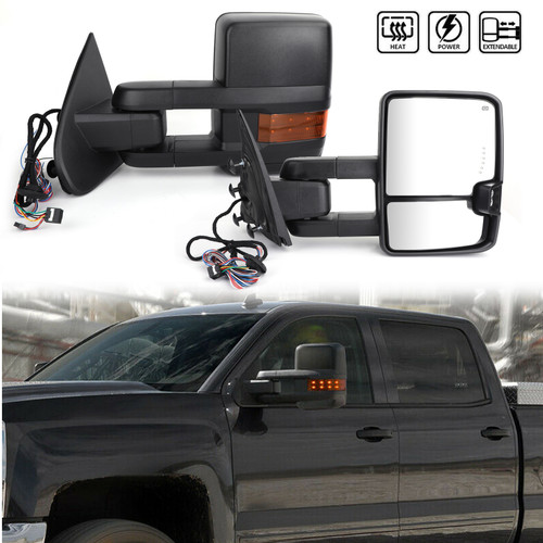POWER HEAT Extend Tow Mirrors w/LED Signal Black For CHEVY Silverado Sierra 14-18 Black