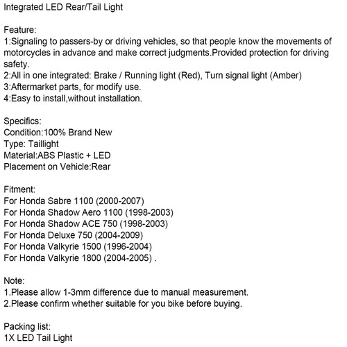 Integrated LED Rear/Tail Light For Honda Sabre Shadow ACE Deluxe Valkyrie