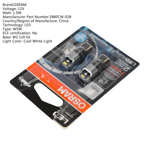 2x For OSRAM 2980CW Car Auxiliary Bulbs LED W5W 12V1.5W W2.1x9.5d