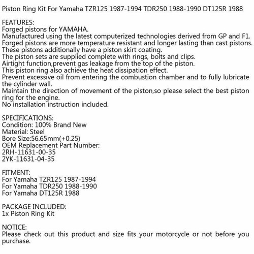 Piston Bague Trousse +0.25mm Pour Yamaha TZR125 87-94 TDR125 Bore Size 56.65mm