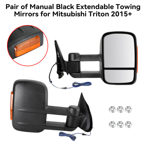 Pair of Manual Black Extendable Towing Mirrors for Mitsubishi Triton 2015+