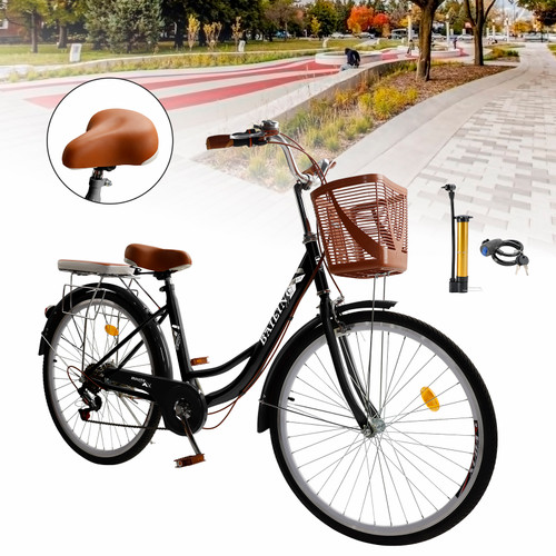 26 inch 7 speed Spoke Wheel Cruiser Bike Women Bicycle Girl's City Bike With basket Rear seat Black