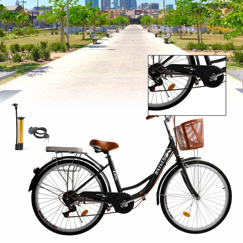 26 inch 7 speed Spoke Wheel Cruiser Bike Women Bicycle Girl's City Bike With basket Rear seat Black