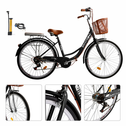 26 inch 7 speed Spoke Wheel Cruiser Bike Women Bicycle Girl's City Bike With basket Rear seat Black