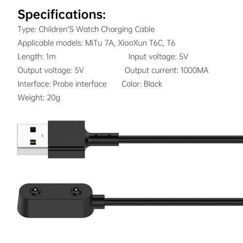 MITU Watch 7A Charging Cable Magnetic Charger Replacement Black For XiaoXun T6C T6