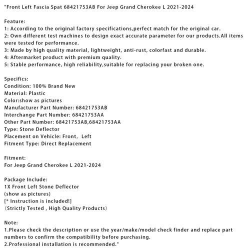2021-2024 Jeep Grand Cherokee L Front Left Fascia Spat 68421753AB Generic