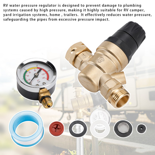 RV Water Pressure Regulator For RV Camper. Brass Lead-Free Adjustable Camper Water Pressure Regulator with 0-160 PSI Gauge Reducer Valve W Filter