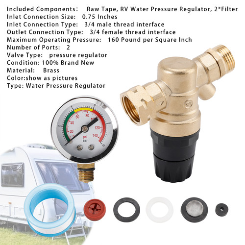 RV Water Pressure Regulator For RV Camper. Brass Lead-Free Adjustable Camper Water Pressure Regulator with 0-160 PSI Gauge Reducer Valve W Filter