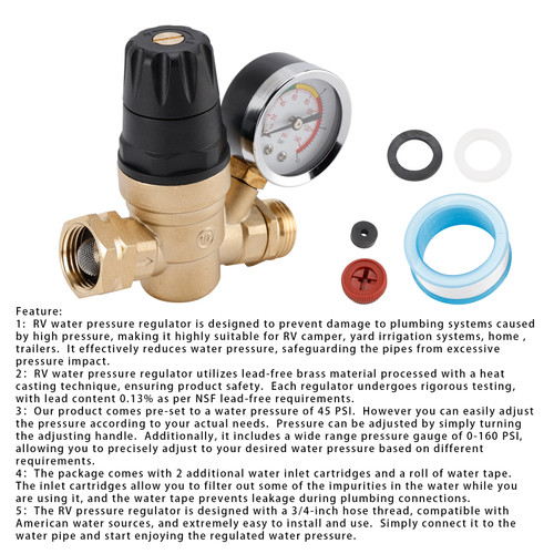 RV Water Pressure Regulator For RV Camper. Brass Lead-Free Adjustable Camper Water Pressure Regulator with 0-160 PSI Gauge Reducer Valve W Filter