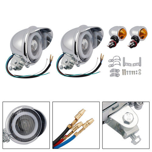 Motorcycle Beam Headlight Fog Lamp Custom Chrome #D17 For Racer Bobber Chopper