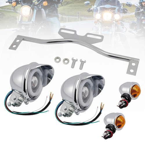 Motorcycle Beam Headlight Fog Lamp Custom Chrome #D22 For Racer Bobber Chopper