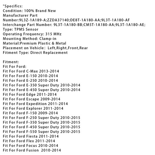 2010-2015 Ford Taurus Transit Connect Transit-150 250 350 350HD 1X TPMS Tire Pressure Sensor DE8T1A180AA Generic