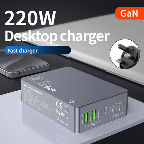 F8A Desktop Charging Station USB 6-Port Fast Charger PD100W Charging Stand Smart Charger UK Plug