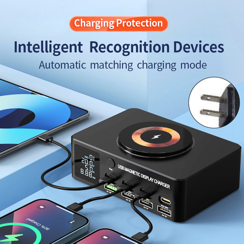 140W Fast Charging Charger Intelligent Digital Display PD100W Mobile Phone Notebook Magnetic Wireless Charging Multi-Port USB Charger US Plug